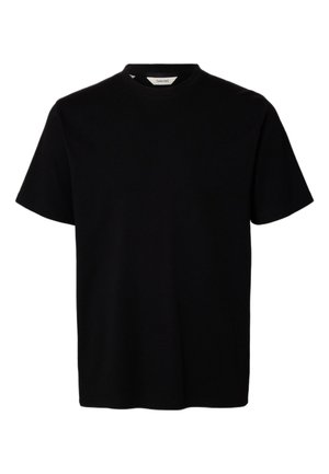 Crna majica kratkih rukava s okruglim izrezom, jednostavnog i jednobojnog dizajna te malom vidljivom etiketom unutar ovratnika na kojoj piše "Selected."