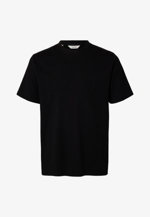 Black short-sleeve crew neck t-shirt with a simple, plain design and a small visible tag inside collar labeled "Selected."