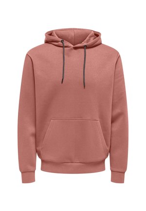 Sudadera rosa hecha de una tela suave, con un bolsillo delantero, capucha con cordón y puños y dobladillo acanalados. Textura suave, diseño casual.