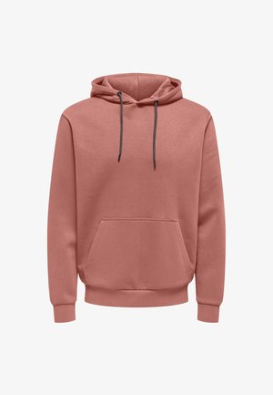Sudadera rosa hecha de una tela suave, con un bolsillo delantero, capucha con cordón y puños y dobladillo acanalados. Textura suave, diseño casual.
