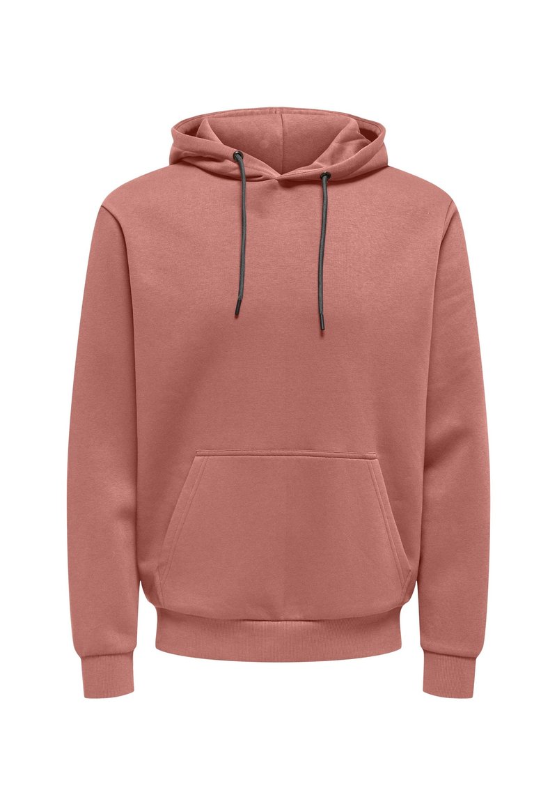 Felpa rosa realizzata in tessuto morbido, con tasca frontale, cappuccio con cordino e polsini e orlo a costine. Texture liscia, design casual.