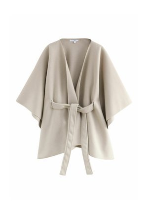 Beiger Wickelmantel aus weichem Stoff, mit weiten Ärmeln, einem tiefen V-Ausschnitt und einem Bindeband an der Taille. Glatte Textur und minimalistisches Design.