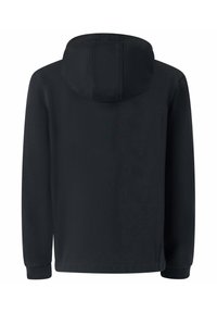 Felpa nera con cappuccio e maniche lunghe. Presenta una texture liscia, una tasca a marsupio e cuciture rinforzate nei punti critici.