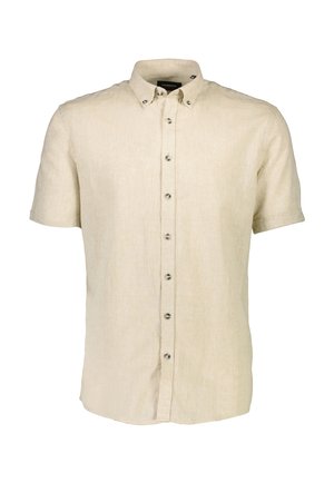 Lichtbeige linnen herenoverhemd met korte mouwen, voorzien van een button-down kraag en zilveren knopen langs de voorkant, met een gestructureerde stofafwerking.