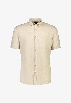 Light beige short-sleeve linen shirt featuring a button-down collar and silver buttons running down the front, with a textured fabric finish.