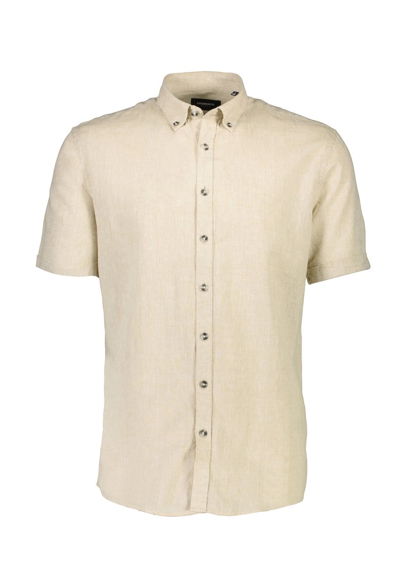 Camicia di lino beige chiaro a maniche corte con colletto button-down e bottoni argentati lungo la parte anteriore, caratterizzata da una finitura in tessuto testurizzato.