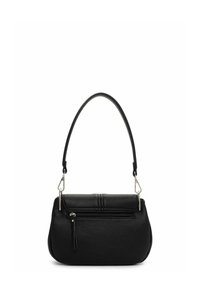Black leather handbag with a textured surface, rounded shape, top handle, and a front zippered pocket. Silver hardware accents included.