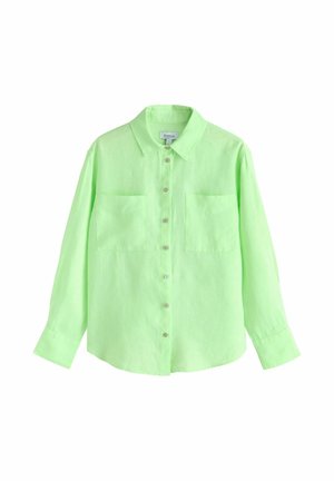 Light green button-up shirt made of textured fabric, featuring a collar, two chest pockets, and long sleeves with buttoned cuffs.