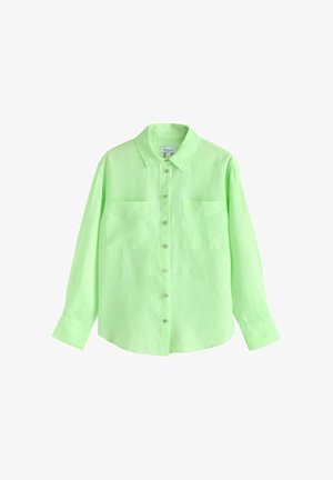 Gaiši zaļa pogām aiztaisāma krekla krekls no teksturēta auduma, ar apkakli, divām krūšu kabatām un garām piedurknēm ar pogām aiztaisāmiem aprocēm.