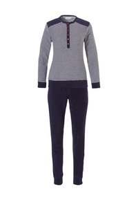 Randig marinblå och vit loungewear-set bestående av en knäppt henley-tröja med röda detaljer och mjuka, enfärgade marinblå byxor i ett bekvämt material.