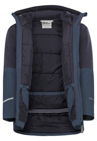 Dunkelblaue und schwarze wattierte Winterjacke mit sichtbarem Innenfutter, offenem Frontreißverschluss und knopfbarer Sturmklappe.