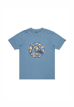 Blue cotton T-shirt featuring a round graphic print with waves and a mountain in yellow, orange, and dark blue. Short sleeves and crew neck.