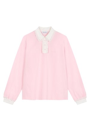 Světle růžová košile s dlouhým rukávem s bílým žabičkovým límcem a manžetami, knoflíkovou légou a jemným logem na hrudi.