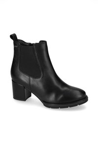 Stivale alla caviglia in pelle nera con tacco a blocco, pannello elastico laterale, linguetta sul retro e punta arrotondata su sfondo bianco.