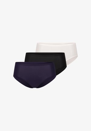 Drei Paar Unterhosen: dunkelviolett, schwarz und weiß. Hergestellt aus glattem Material mit klassischem Slip-Design und elastischen Bundbändern.