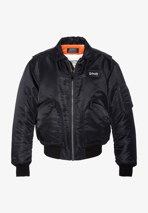 Giacca bomber nera in satin con zip frontale, polsini a coste, due tasche anteriori e logo a patch sul petto; fodera arancione brillante.