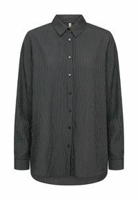 Black and white striped long-sleeve shirt with a button-up front, classic collar, and soft fabric. Features a curved hem and standard cuffs.