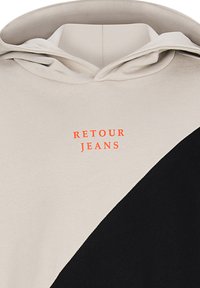 Felpa con cappuccio dal design a blocchi di colore beige e nero, con il logo arancione "Retour Jeans" centrato sotto il colletto.
