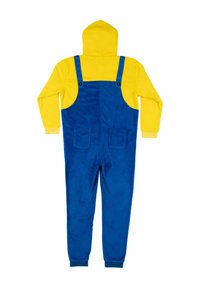 One-piece con cappuccio giallo e salopette blu. Tessuto morbido, due tasche frontali e spalline regolabili. Texture liscia e colori vivaci.