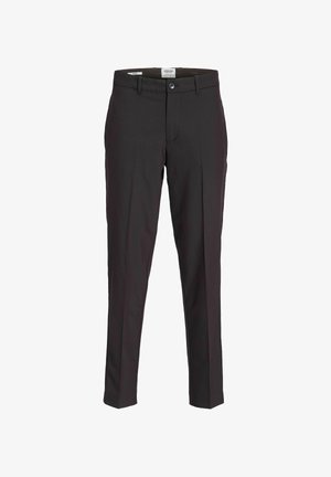 Zwarte broek van gladde stof, met een rechte pootontwerp, plooien aan de voorkant, riemlussen en een knoopsluiting.