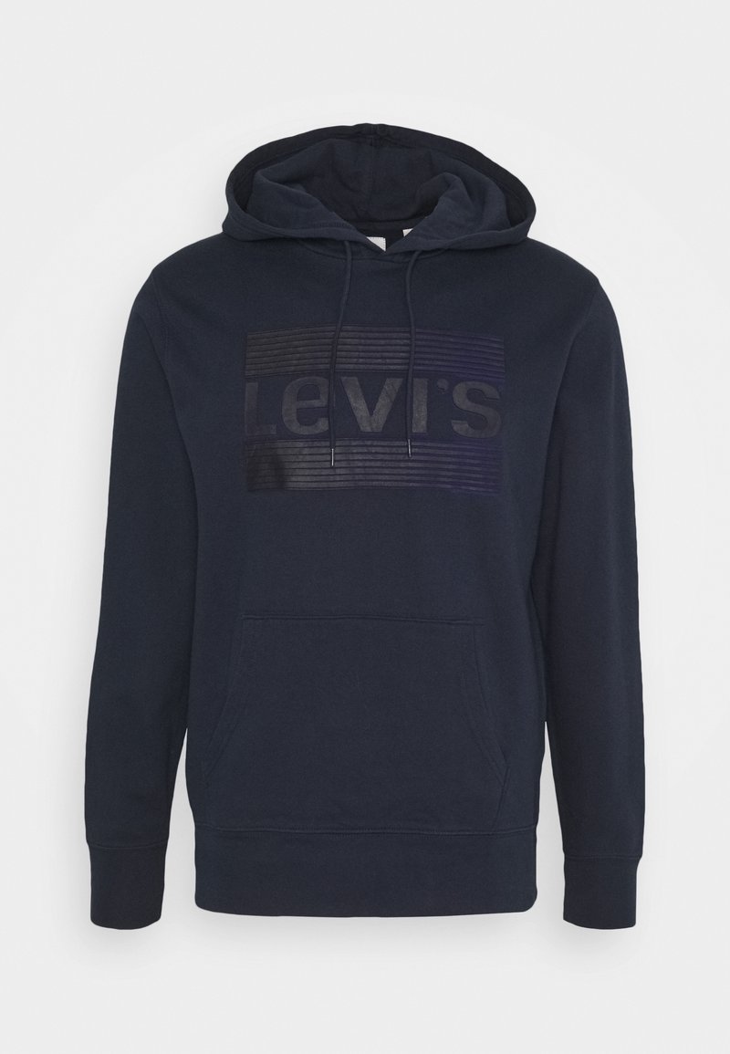 Sweat à capuche bleu marine avec poche kangourou avant et logo « Levi's » en impression sombre sur la poitrine, avec capuche à cordon et manches longues.