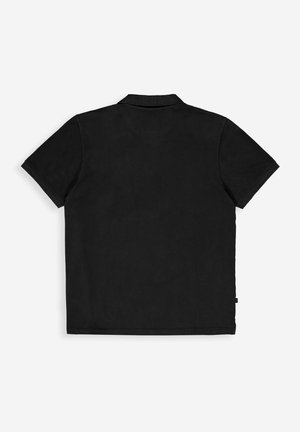 Black short-sleeve polo shirt with a collar, made from smooth fabric, featuring a clean, minimalistic design and a straight hem.