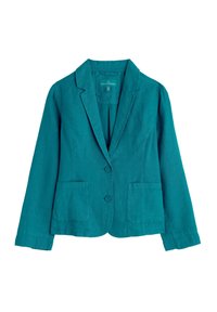 Teal linen blazer with two front pockets, notched lapels, and two buttons. Features a smooth texture and tailored fit.