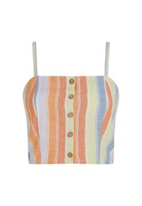 Strapless crop top van meerkleurige gestreepte stof met oranje, blauwe en groene tinten. Voorzien van houten knopen aan de voorkant.