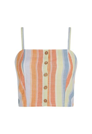 Strapless crop top van meerkleurige gestreepte stof met oranje, blauwe en groene tinten. Voorzien van houten knopen aan de voorkant.