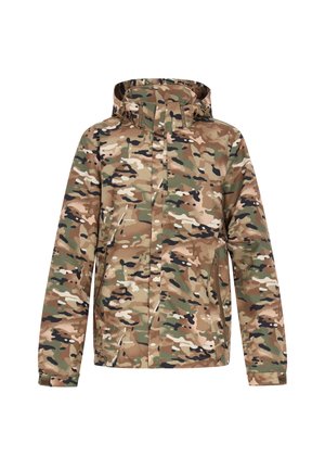 Jachetă de camuflaj în nuanțe de brun, verde și bej, având glugă, mâneci lungi și închidere cu fermoar. Realizată dintr-un material neted și rezistent.