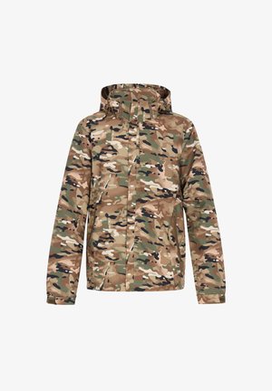 Jachetă de camuflaj în nuanțe de brun, verde și bej, având glugă, mâneci lungi și închidere cu fermoar. Realizată dintr-un material neted și rezistent.