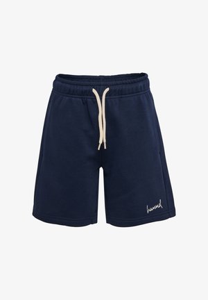 Marineblå casual shorts med elastisk taljebånd, cremefarvet snor, sidelommer og lille hvid "hummel" logo på venstre ben kant.