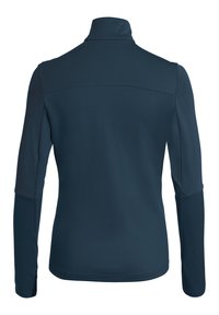 Giacca a maniche lunghe blu navy con collo alto, texture liscia e pannelli a contrasto sulle maniche. Presenta un design semplice e minimalista.