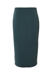Jupe crayon noir sarcelle, de longueur genou, fabriquée en tissu doux et extensible. Présente une finition lisse sans aucune quincaillerie ou embellissement visibles.