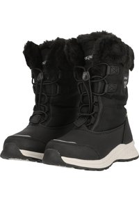Sorte vinterstøvler med faux fur kant, nylon overdel, gummisål og justerbart snøresystem; har et let design for komfort.