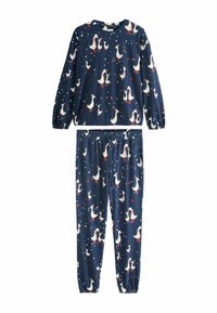 Navy pajama set with long sleeves and elastic cuffs featuring a repeating pattern of white ducks and stars, made from soft fabric.