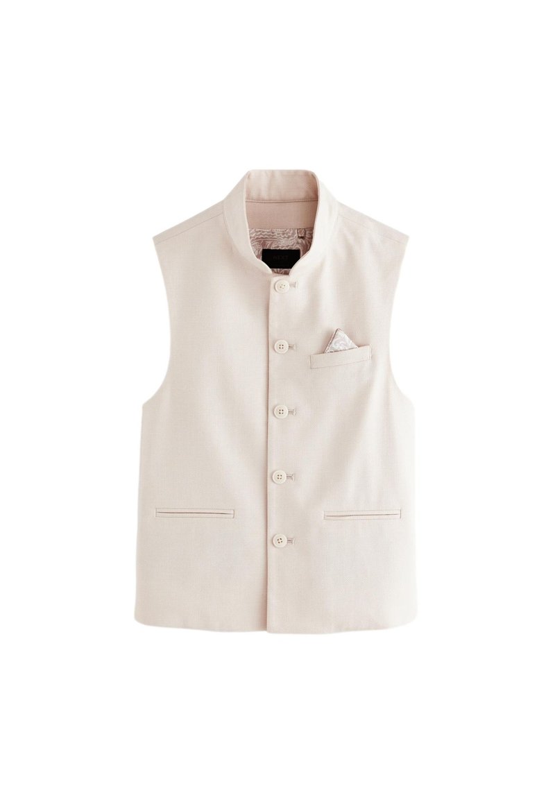 Gilet sans manches beige clair en tissu lisse, doté d'un col montant, d'une fermeture à cinq boutons et de poches avant avec un mouchoir de poche à motif.