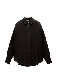 Chemise en lin noire avec col, manches longues et fermeture à boutons sur le devant. Présente une coupe décontractée et un ourlet légèrement arrondi.