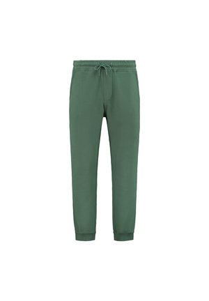 Grüne Sweatpants aus weichem Stoff, ausgestattet mit einem elastischen Bund mit Kordelzug, schmal zulaufenden Beinen und gerippten Bündchen an den Knöcheln.