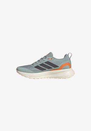 Light blue sneakers with gray accents, orange details, and textured rubber soles. Features a cushioned sole and rounded toe design.