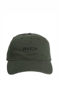 Cappellino da baseball in cotone verde oliva con visiera curvata e logo "RVCA" ricamato in nero sul davanti. Presenta dettagli cuciti e una parte posteriore regolabile.