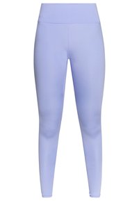 Světle fialové legíny z elastického materiálu, které mají vysoký pas a hladký, rovnoměrný povrch, bez viditelných vzorů nebo akcentů.