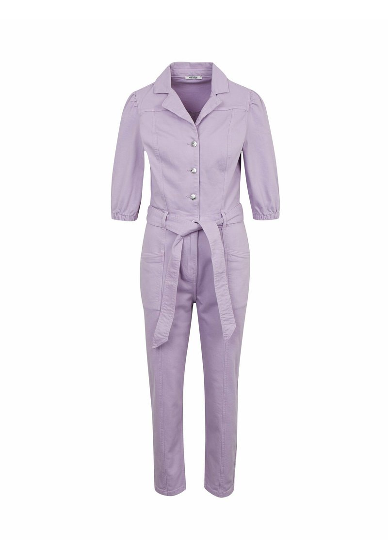 Lila jumpsuit van een katoenmix, met een kraaglijn, knoopsluiting aan de voorkant, driekwart mouwen en een gestrikt taille-detail.