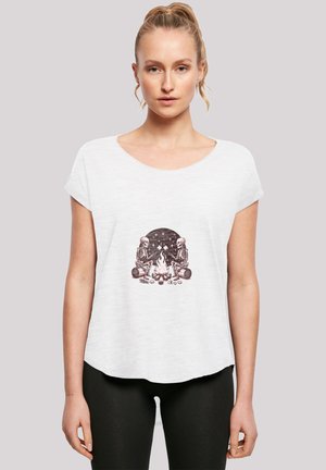 White short-sleeve t-shirt with a relaxed fit, featuring a central graphic of two skeletons around a campfire against a starry background.