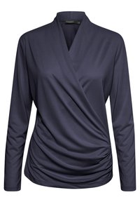 Mörkblå långärmad blus i omslag med V-ringning och draperad detalj på framsidorna.