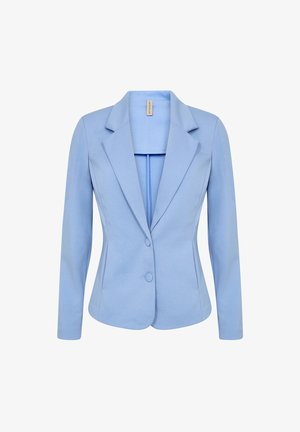 Light blue tailored blazer with a notched collar, single button closure, and long sleeves. Crafted from smooth, stretchy fabric.