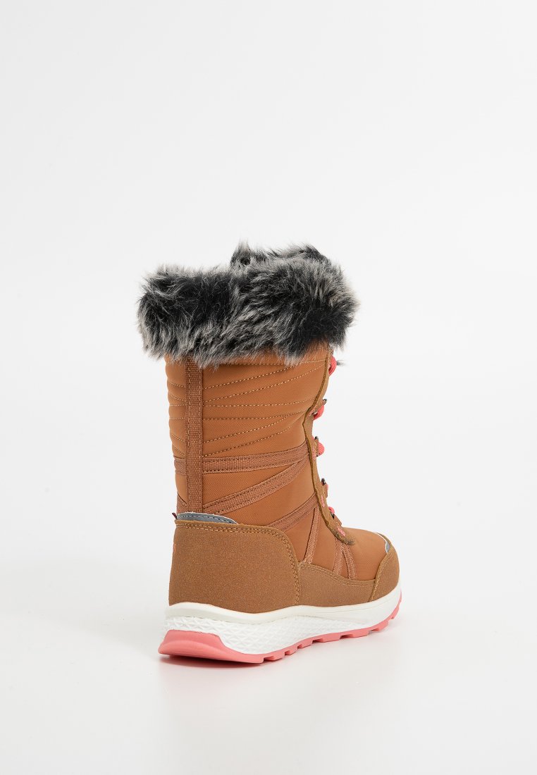 Brauner wasserdichter Stiefel mit Kunstfellkragen, pinker Sohle und Schnürdesign, das über gesteppten Seitendetails und eine verstärkten Ferse verfügt.