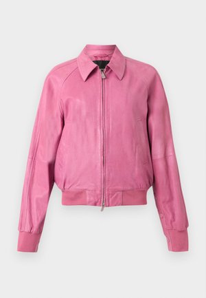 Pink leather bomber jacket with front zipper, collar, ribbed cuffs and hem, and two side pockets against a plain background.