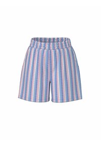 Pruhované šortky s elastickým pasem, vyrobené z lehkého materiálu. Barvy zahrnují světle fialovou, modrou a bílou.