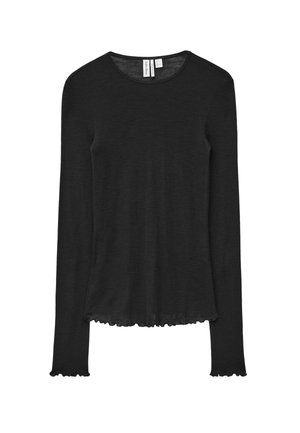 Black long-sleeve top made of soft fabric, featuring a rounded neckline and scalloped edges at cuffs and hem, providing a relaxed fit.